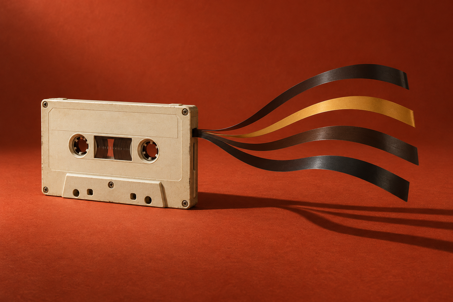 An ivory cassette releases four broad floating tape ribbons, one mustard yellow, against a rust-red background.